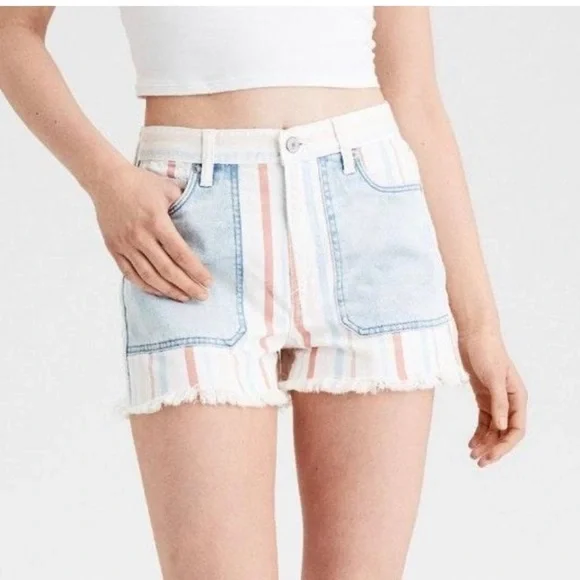 American Eagle Mom Short Patch Pocket Colorful Striped High Rise Cut Off Size 8 - Picture 2 of 11